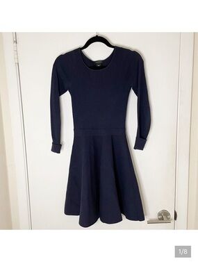 Club Monaco Stretch Ribbed Knit Long Sleeve Fit & Flare Dress XS Navy blue